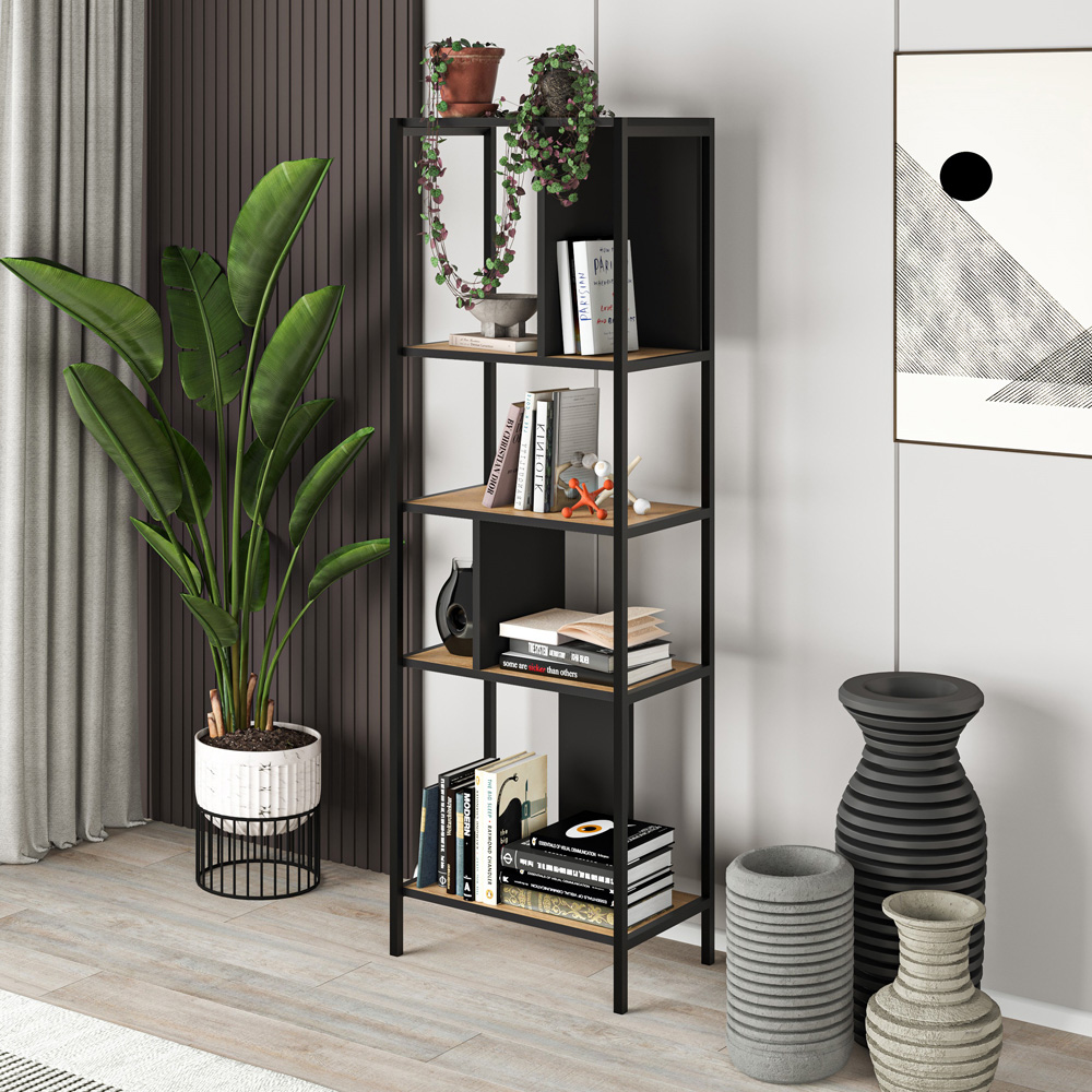 Decortie 5 Shelf Oak Silky Black Modern Mini Narrow Bookcase Image 5