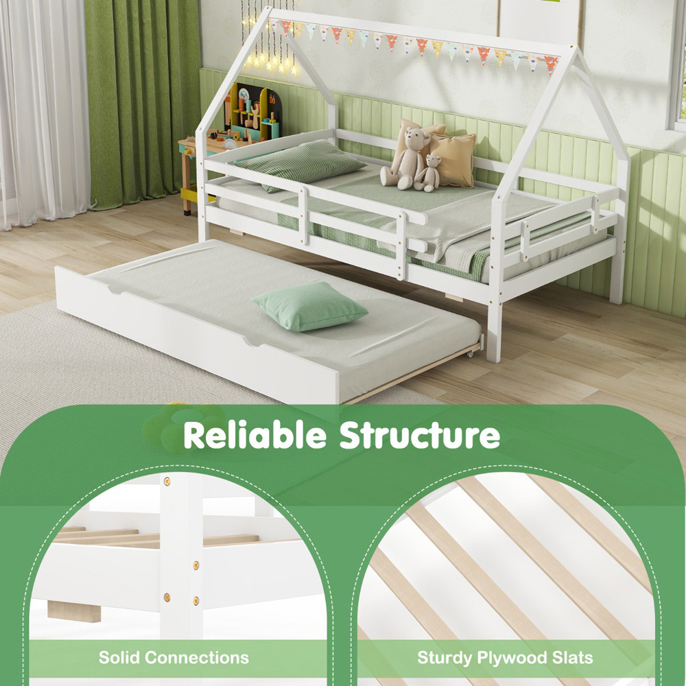 Costway Twin Size White Kids House Bed with Trundle with Safety Guardrails and Roof Image 4