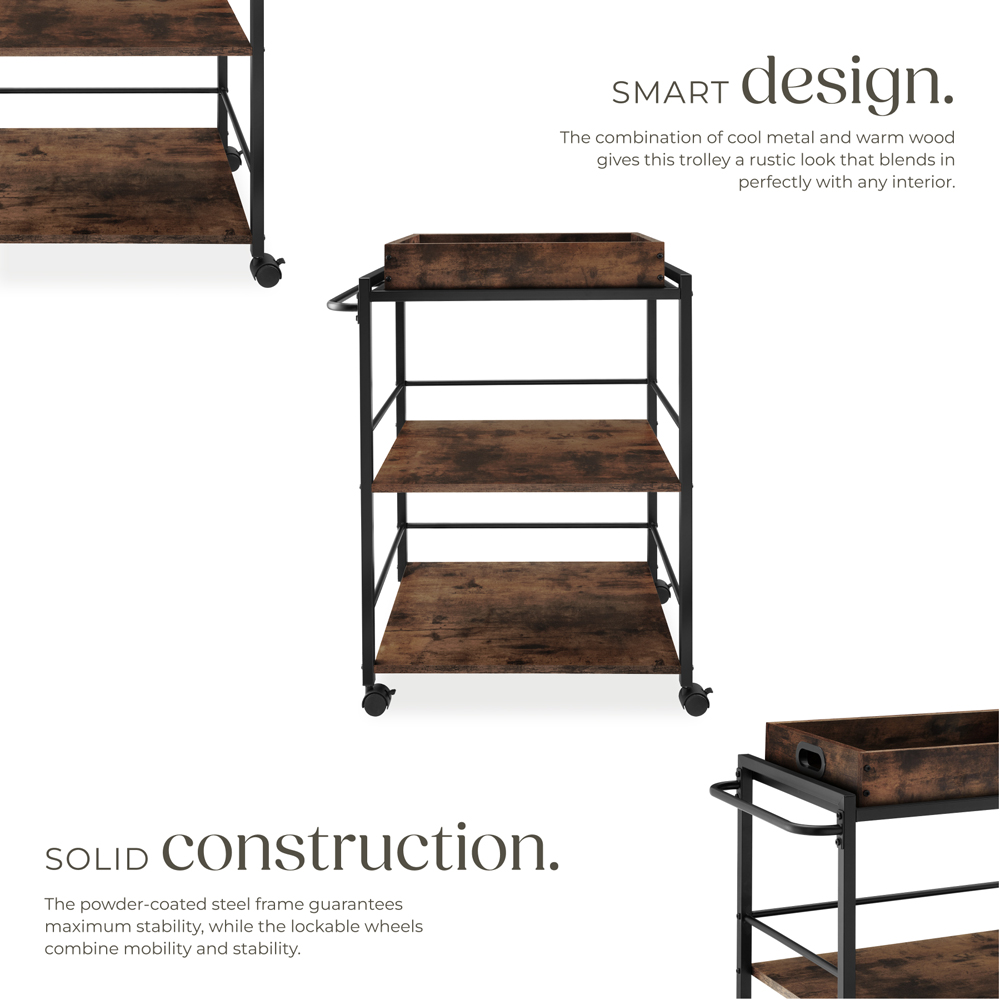 Tectake Worcester 3 Shelf Rustic Dark Wood Drinks Trolley Image 3