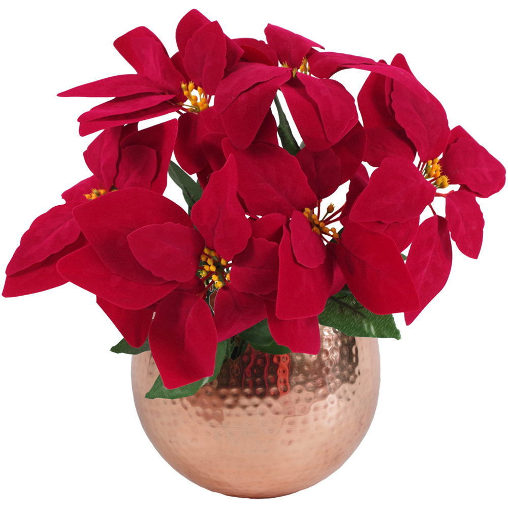 Leaf Christmas Red Poinsettia Artificial Plant in Copper Curved Metal Planter 40cm Image 1