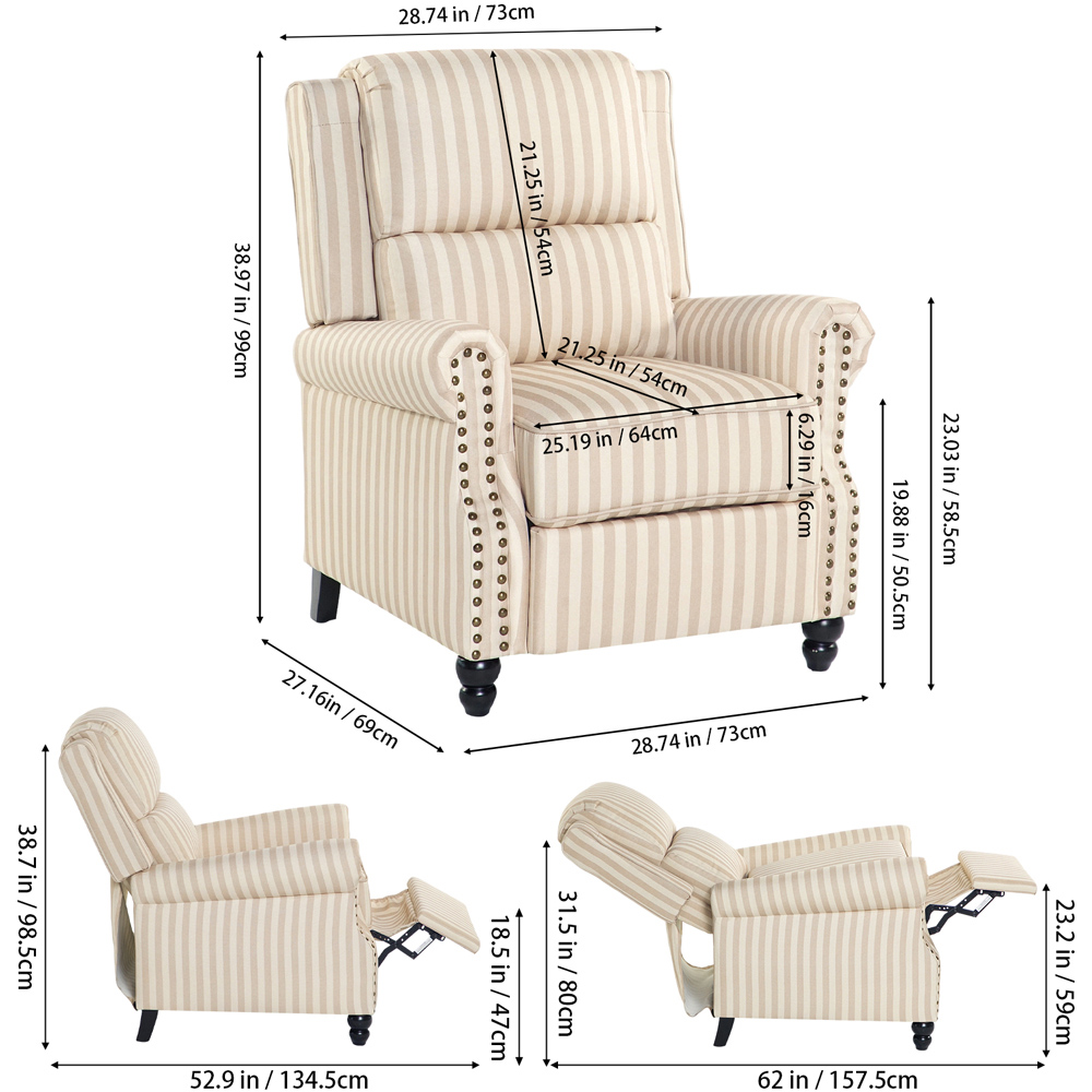 Living and Home Light Brown Striped Wingback Recliner Armchair with Adjustable Backrest and Footrest Image 9