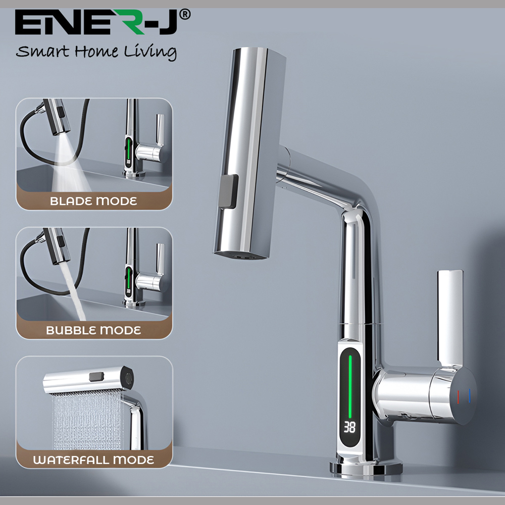 Ener-J Single Hole Chrome Pull Out Waterfall Kitchen Tap with LED Display Image 6