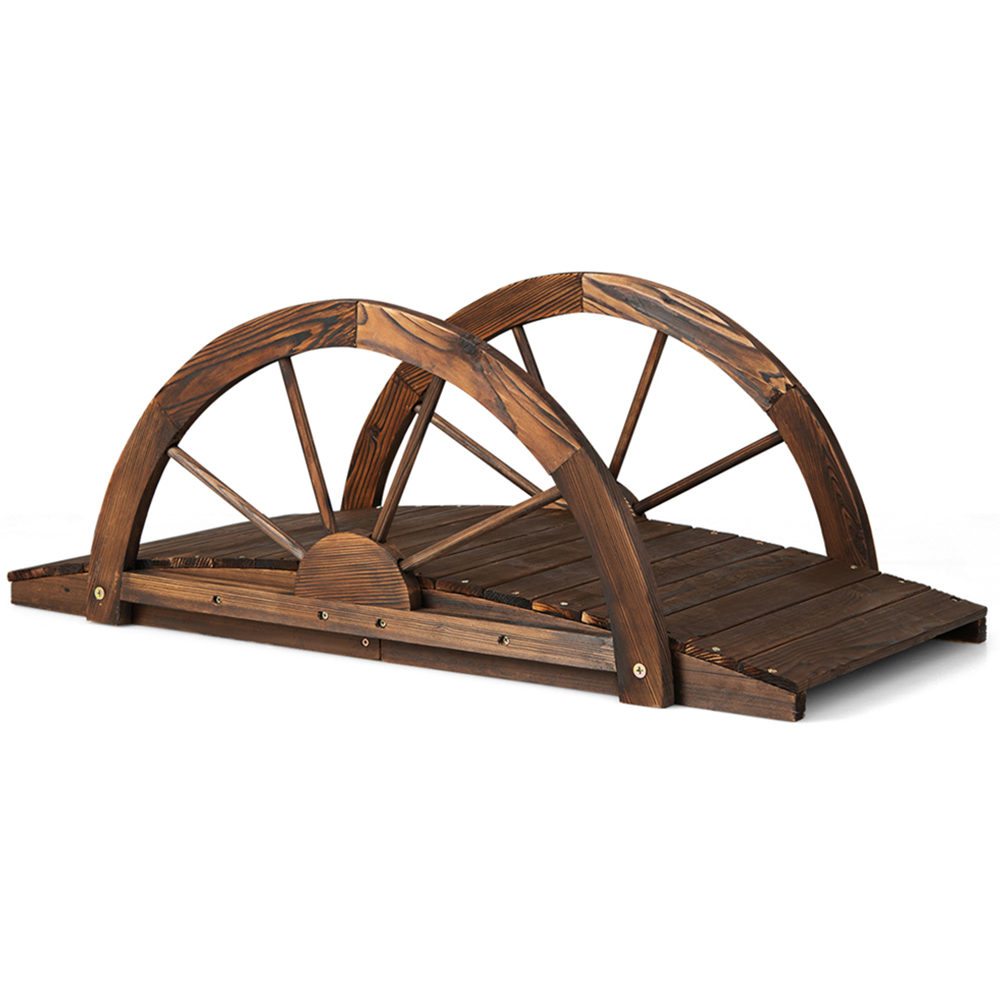 Costway Rustic Brown Wooden Garden Bridge with Half Wheel Railings Image 1