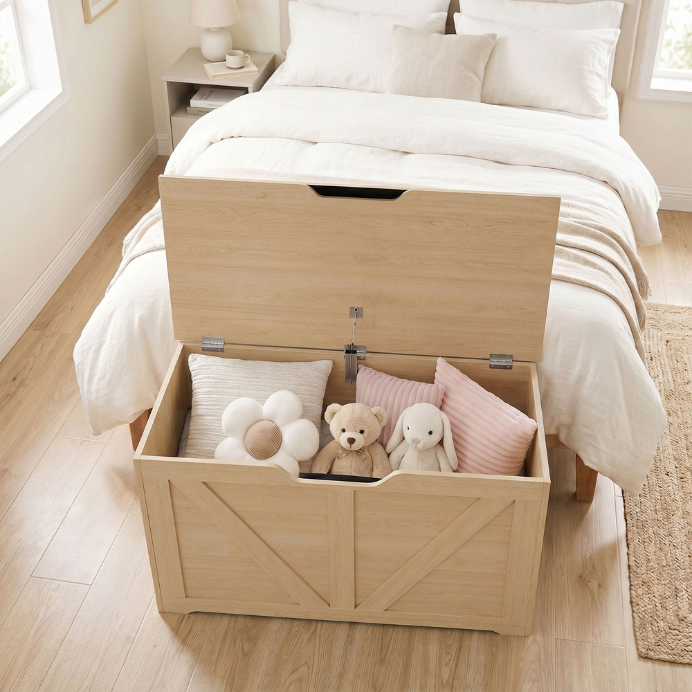 HOMCOM 100L Nature Wood Storage Trunk with Safety Hinge Image 4