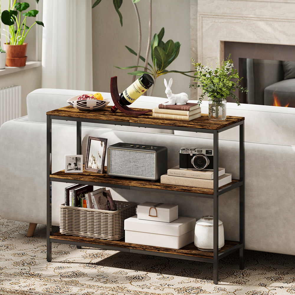 HOMCOM 3 Shelf Rustic Brown Industrial Console Table Image 5