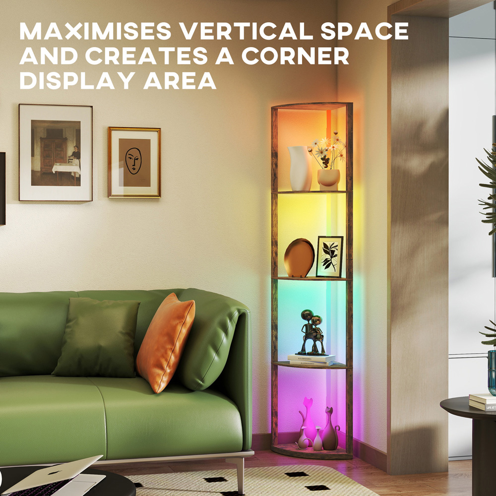 HOMCOM 5 Shelf Rustic Brown Dimmable RGB LED Floor Lamp Image 6