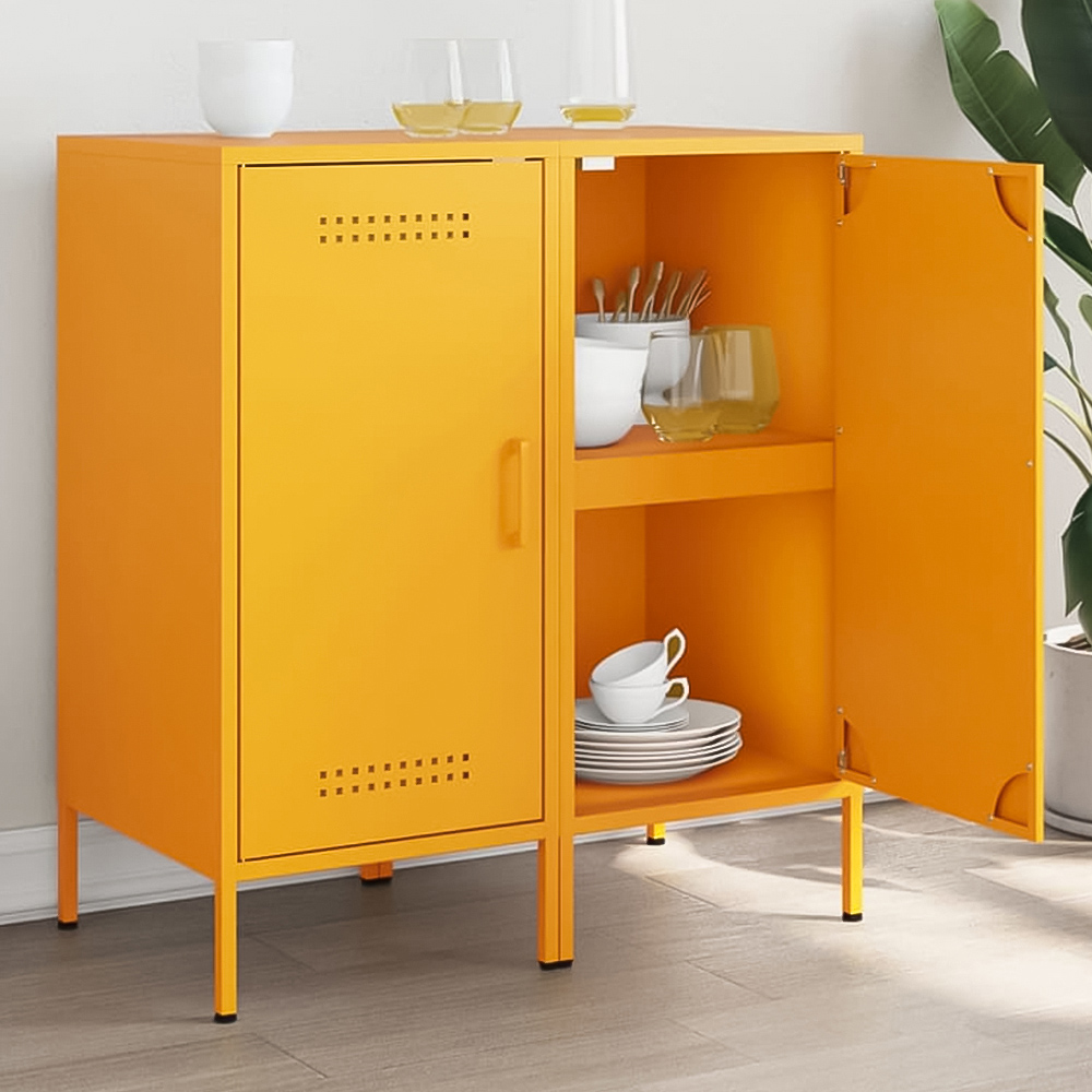 vidaXL Single Door Mustard Yellow Metal Sideboard Set of 2 Image 1