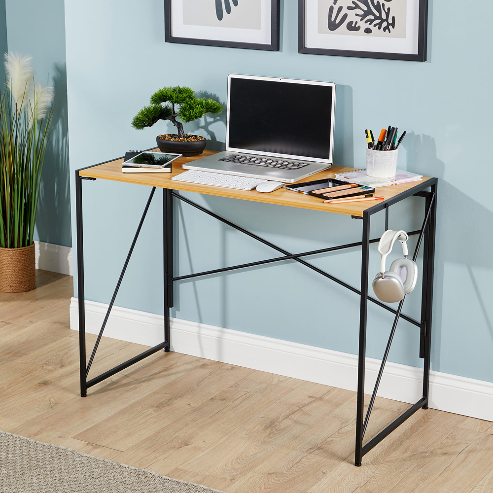 Home Source Brampton Folding Compact Desk with Hook Light Oak Image 7