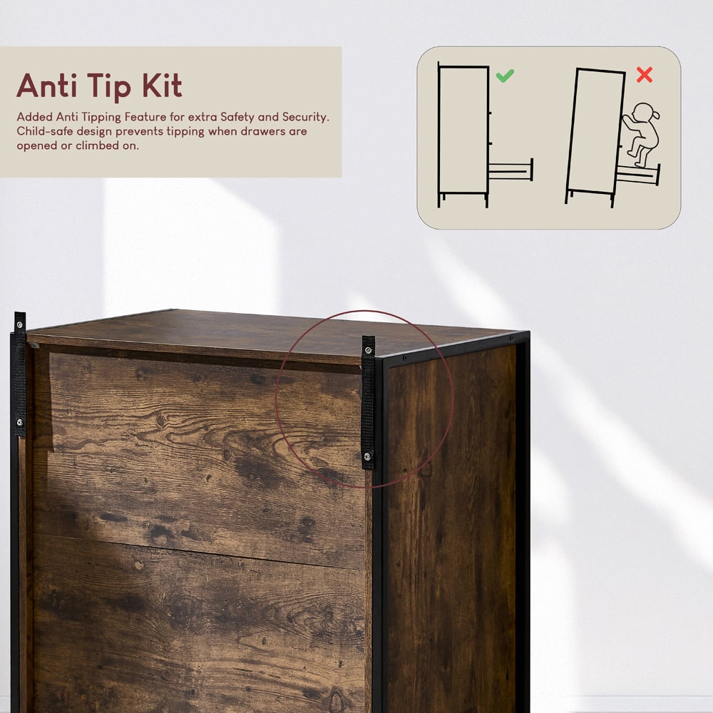 Vida Designs Brooklyn 3 Drawer Dark Wood Rustic Metal Frame Chest of Drawers Image 7