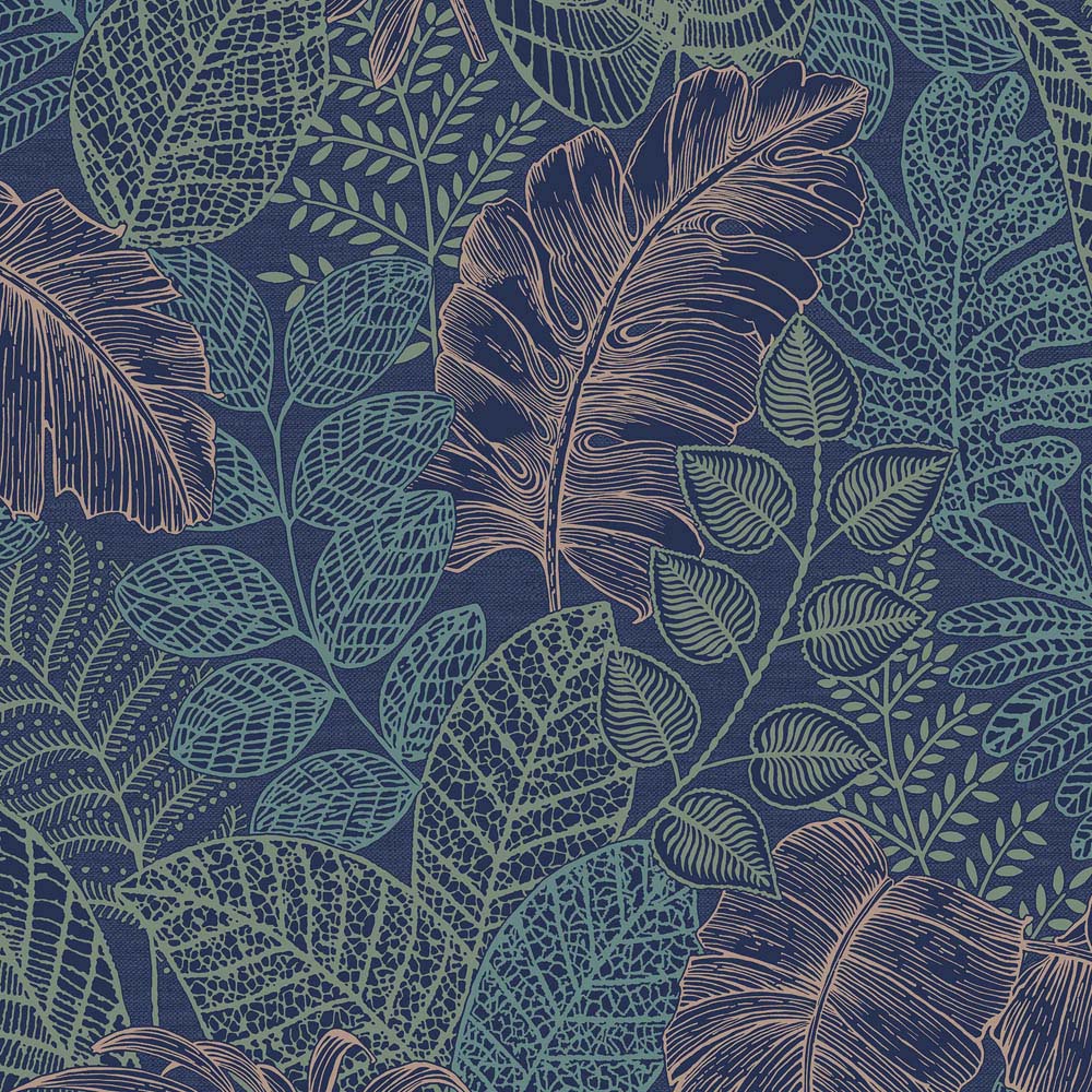 Superfresco Easy Scattered Leaves Blue and Copper Egg Wallpaper Image 1