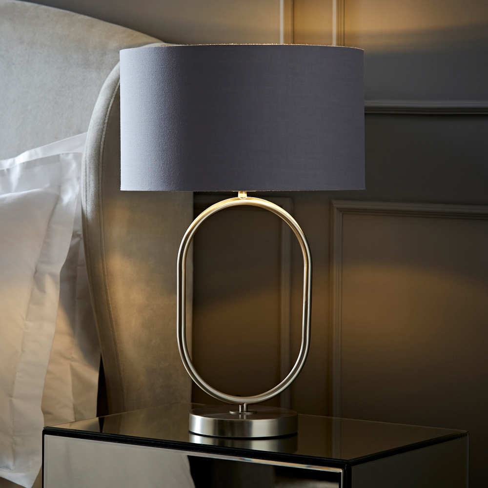 ValueLights Antonia Grey with Chrome Drum Shade Brushed Chrome Oval LED Table Lamp Image 2