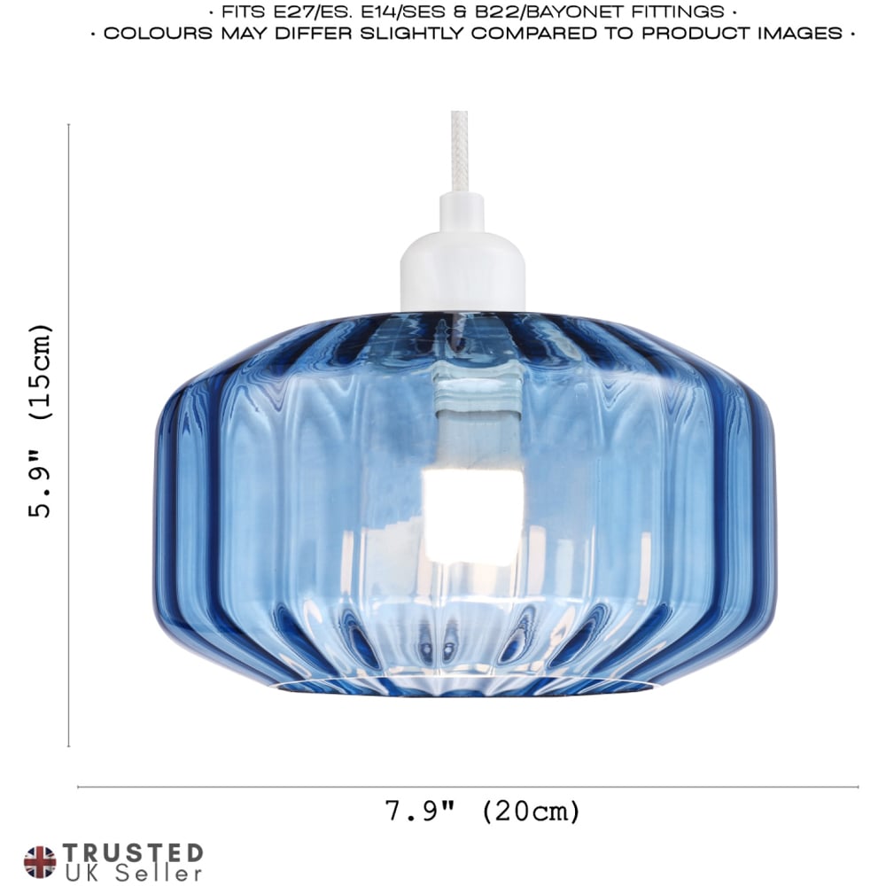 Happy Homewares Midnight Blue Ribbed Glass Flat Style Pendant Shade Image 7