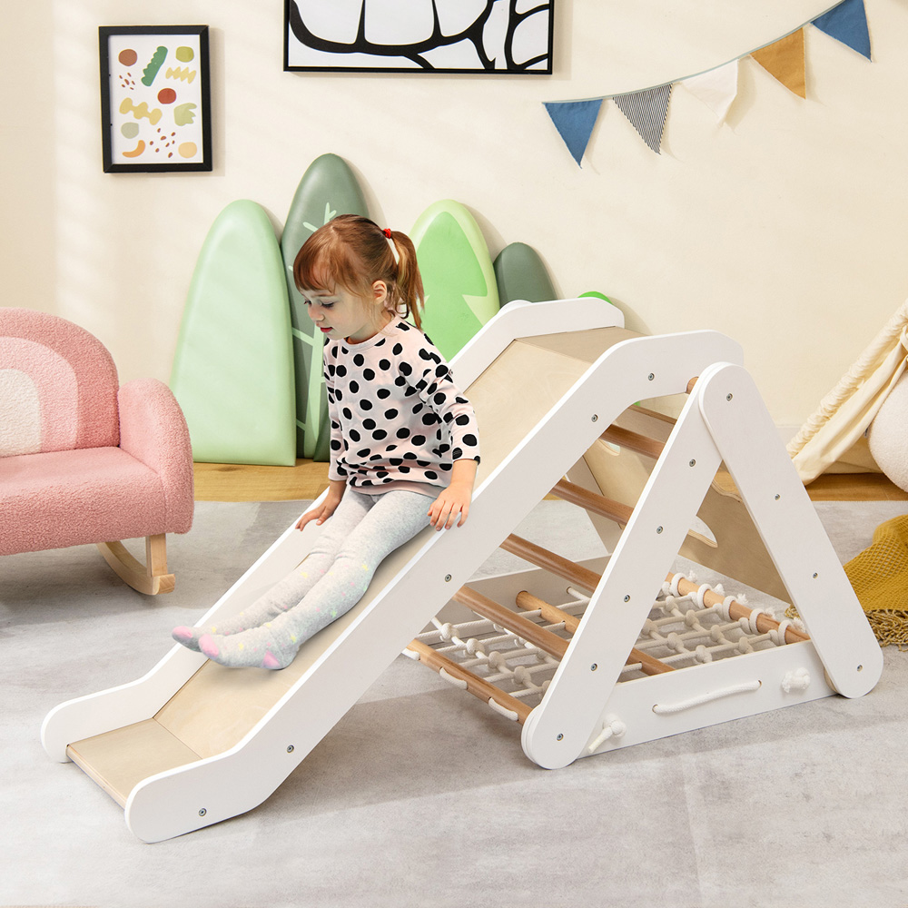 Costway 4 in 1 White Wooden Triangle Toddler Climber with Ramp Image 2