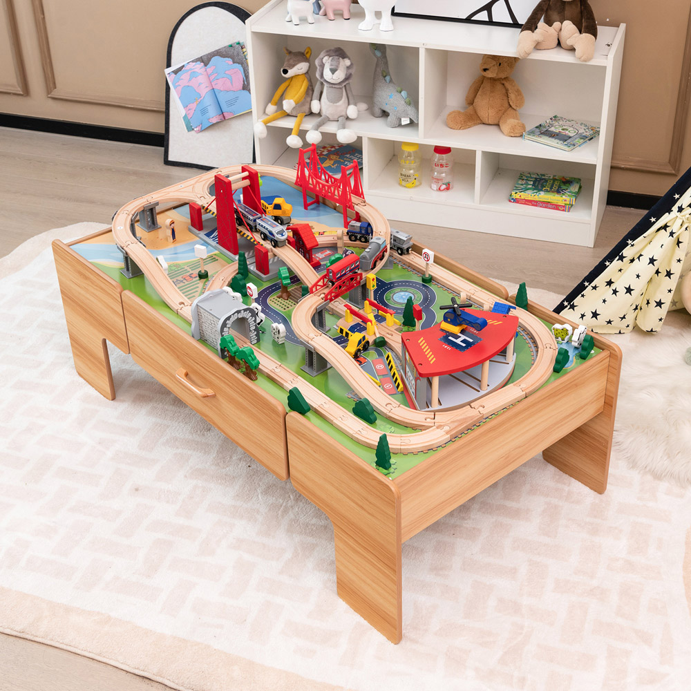 Costway 100 Piece Wooden Train Track Set with Reversible Tabletop Image 2