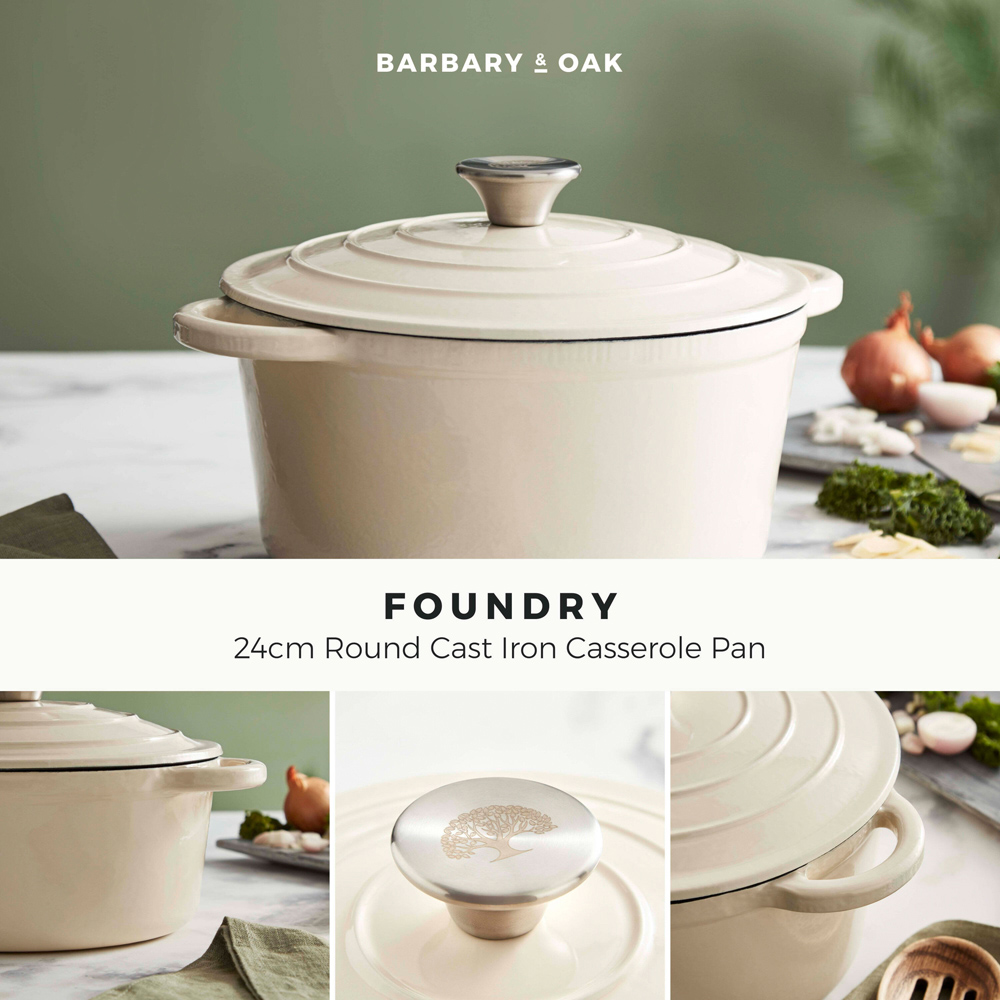 Barbary & Oak 24cm Cream Cast Iron Round Non-Stick Casserole Pan with Lid Image 2