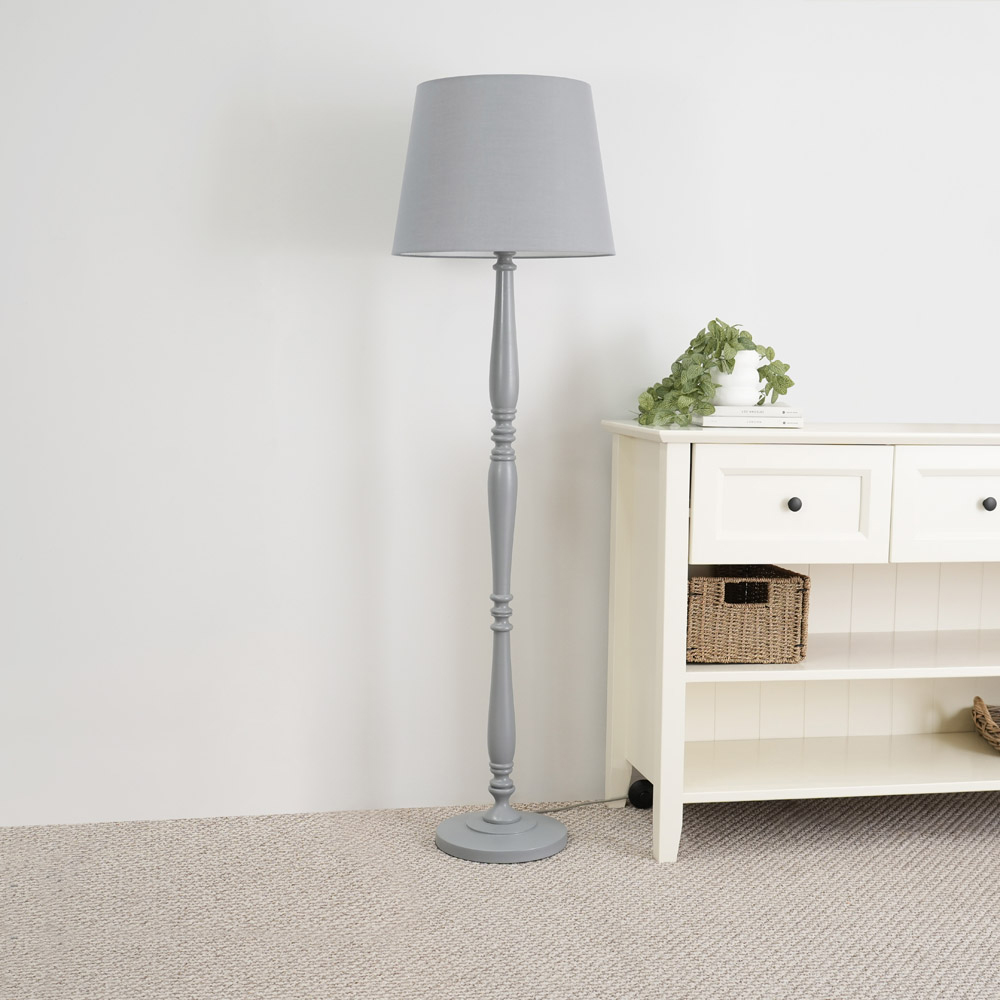 ValueLights Victoria Grey Fabric Tapered Shade White Wood Traditional Stem LED Floor Lamp Image 3