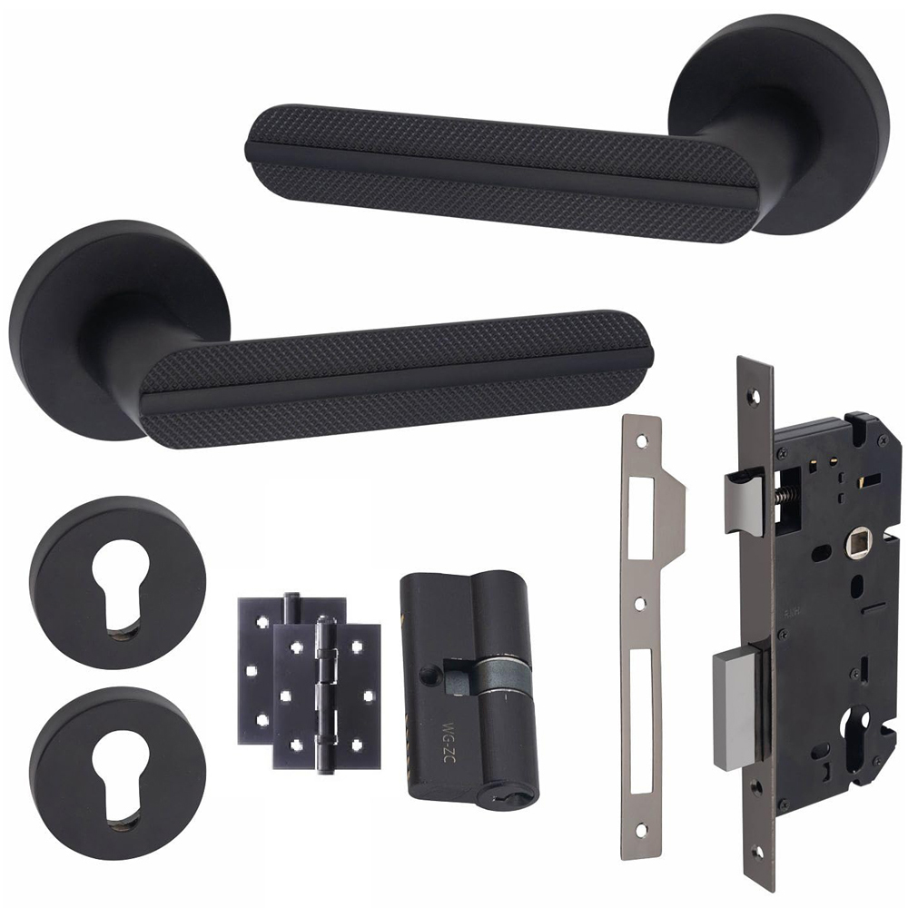 Golden Grace Matt Black Modern Lima Euro Lock Door Handle Set 70mm Image 1