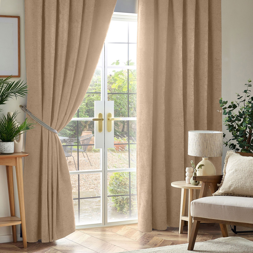 Alan Symonds Beige Chenille Blackout Pencil Pleat Curtains 168cm x 183cm Image 1