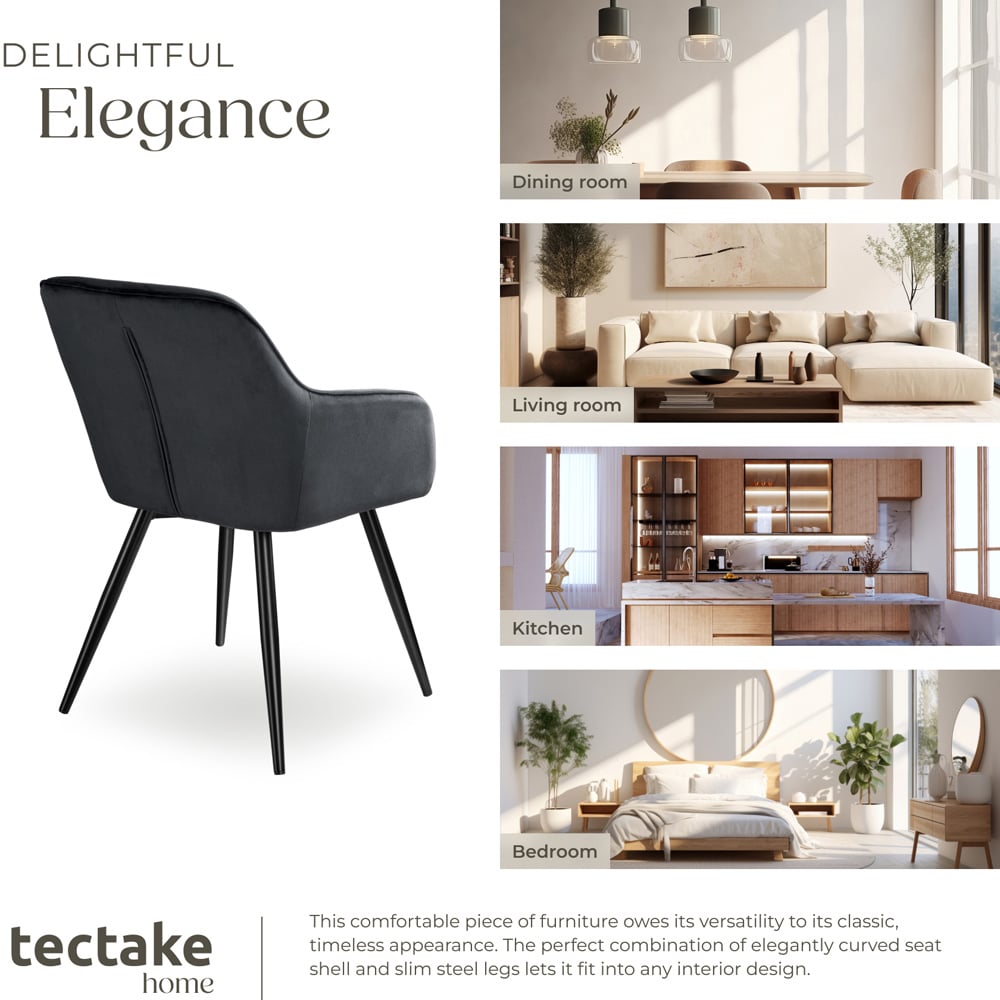 tectake Marilyn Set of 8 Black Velvet Look Padded Dining Chairs Image 7