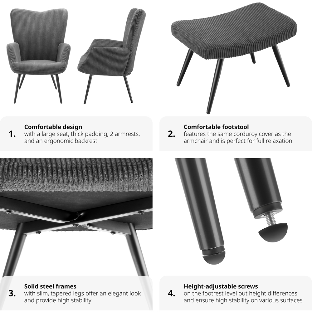tectake Hygge Wide Corduroy Anthracite and Black Padded Armchair with Stool Image 5