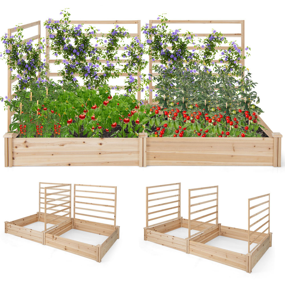 Costway Natural Raised Garden Bed with 3 Trellis and 2 Planter Boxes Image 2