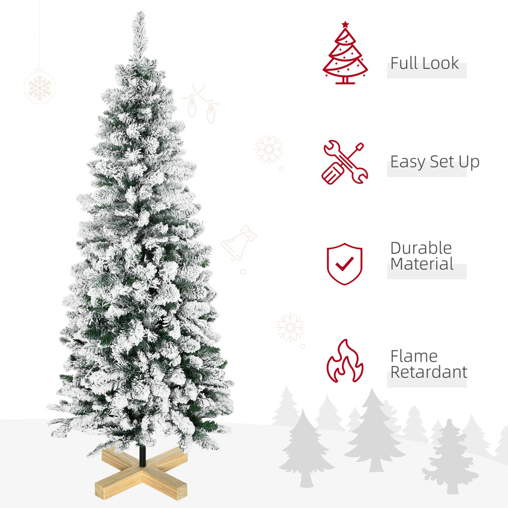Everglow Green Snow Flocked Artificial Pencil Christmas Tree with Pinewood Base 5ft Image 4
