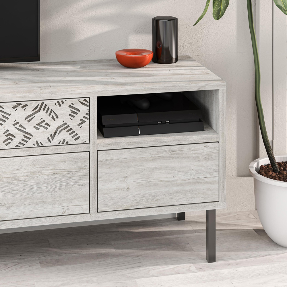 Decortie Heaton 3 Drawer Single Shelf Ancient White TV Stand Image 5