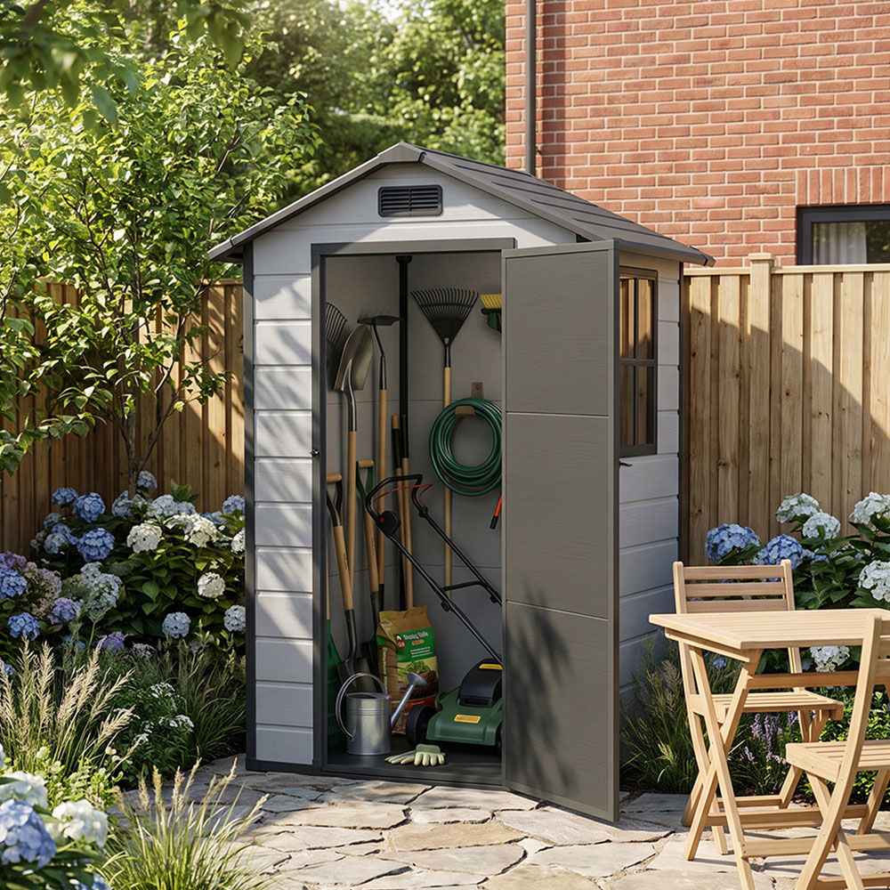 Living and Home 4.4 x 3.4ft Smokey Grey and Black Wood Grain Garden Storage Shed with Window Image 8