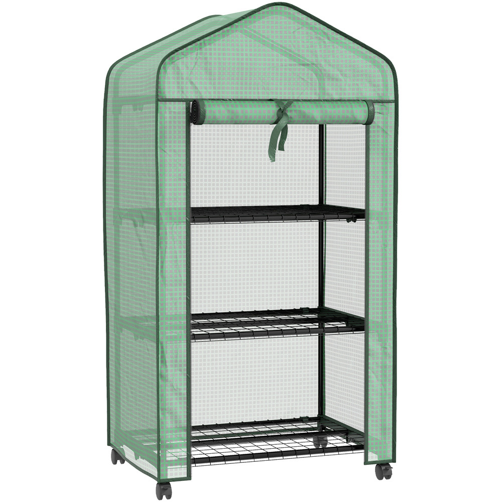 Outsunny Green 3 Shelf PE Cover 2.2 x 1.6ft Portable Mini Greenhouse with Roll Up Door and Wheels Image 1