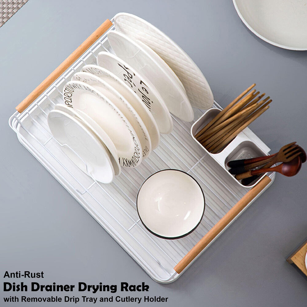 ATEK White Wooden Handle Dish Drying Rack with Drain Tray and Cutlery Holder Image 5