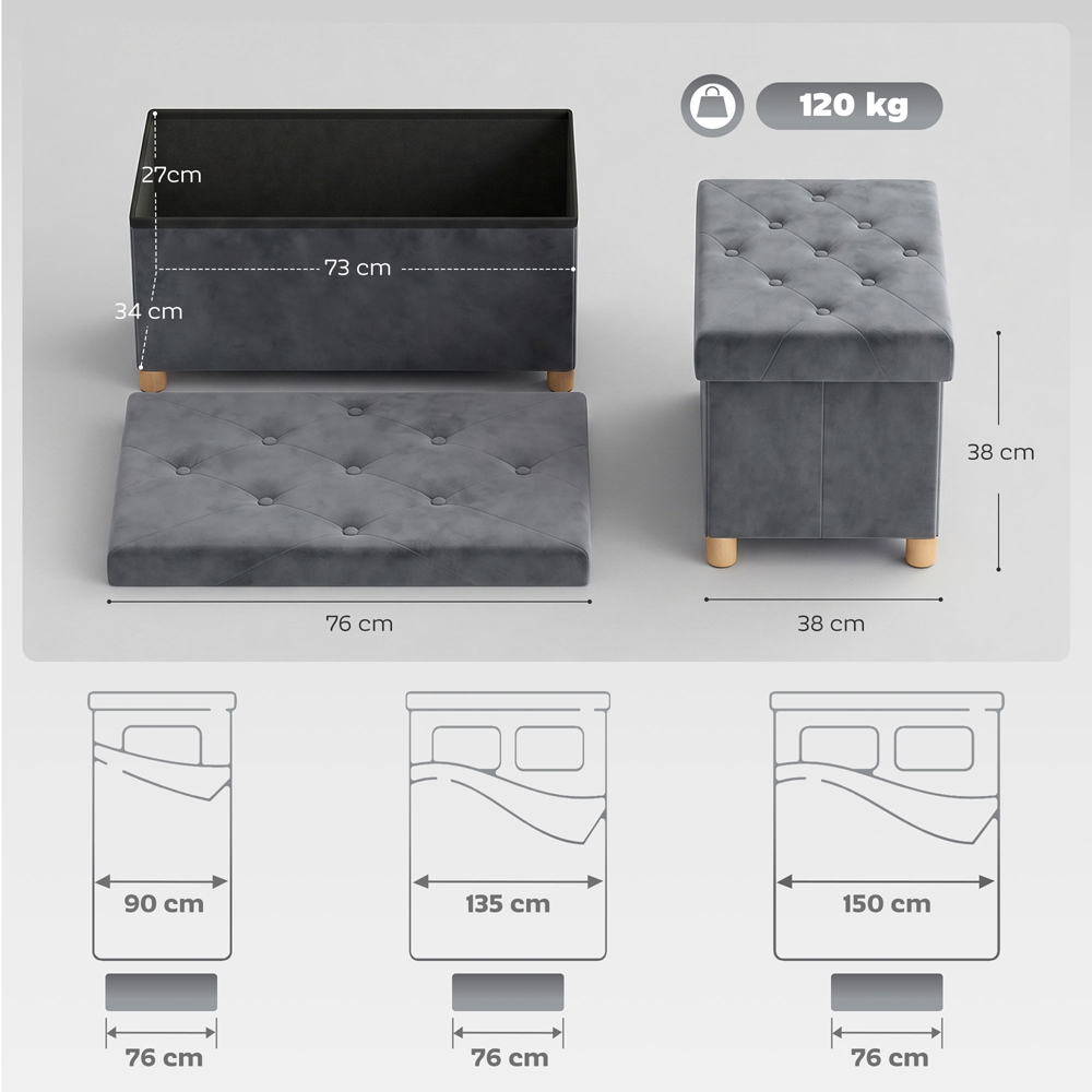 HOMCOM Grey Velvet Upholstered Foldable Ottoman Footrest with Wood Legs Image 9