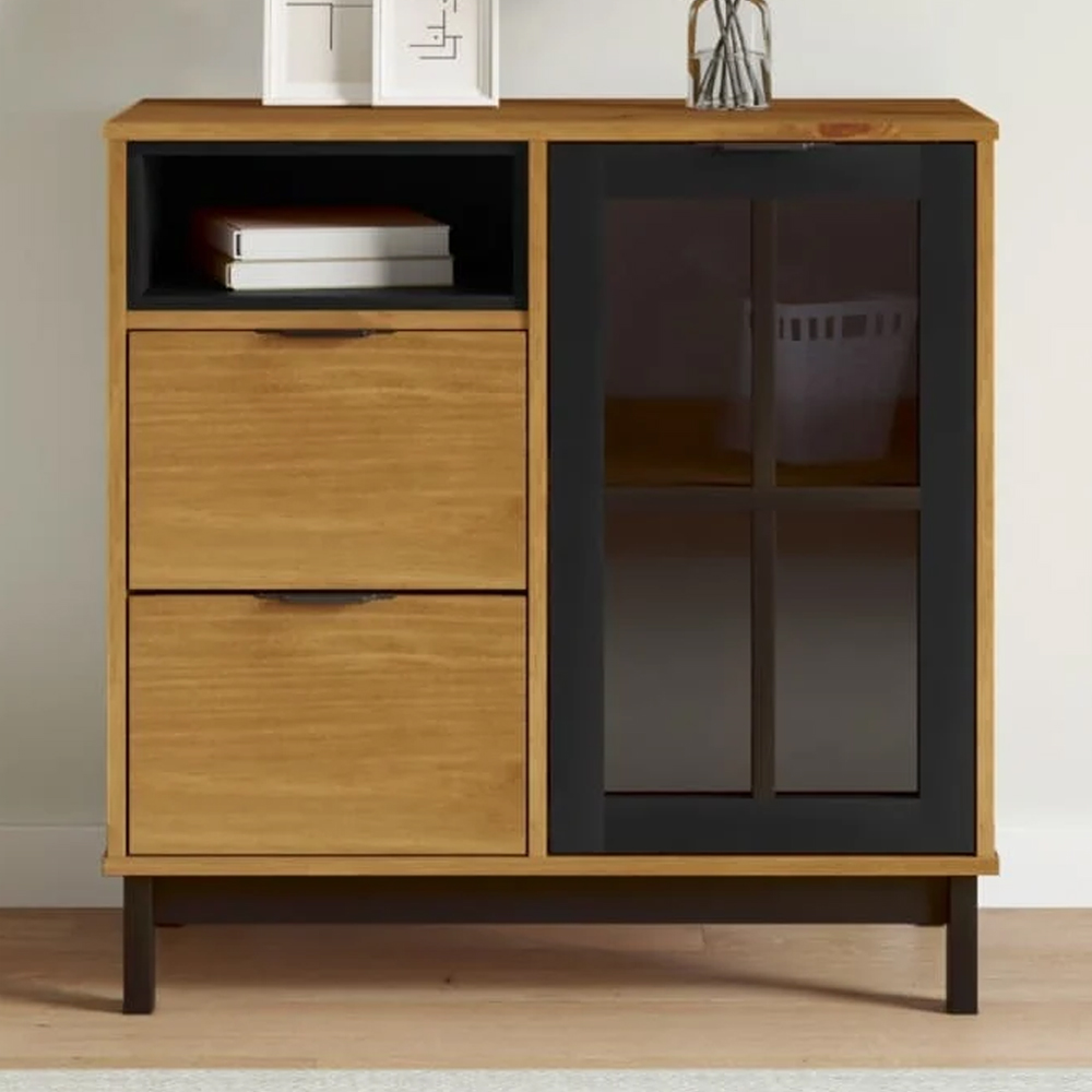 vidaXL Flam Single Glass Door 2 Drawer Single Shelf Solid Pine Wood Sideboard Image 1