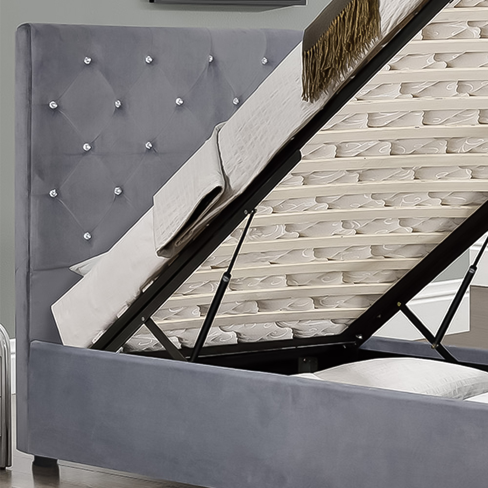 Brooklyn Single Grey Plush Velvet Diamante Chesterfield Ottoman Bed Image 2