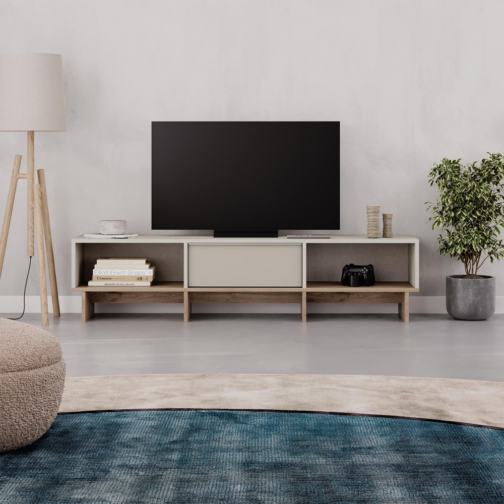Decortie Yuki Single Flip Down Door 2 Open Shelf Sandstone TV Unit Image 5