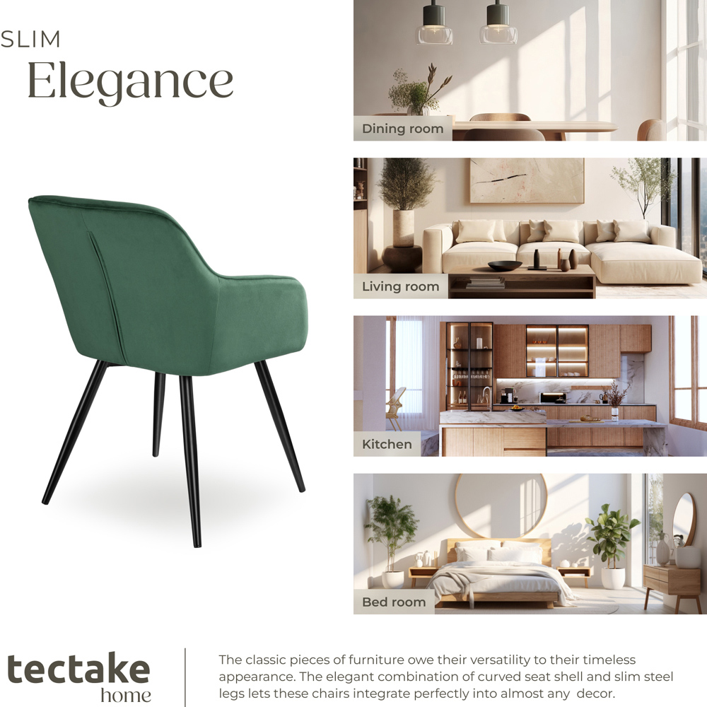 tectake Marilyn Set of 6 Dark Green and Black Velvet Look Padded Dining Chairs Image 7