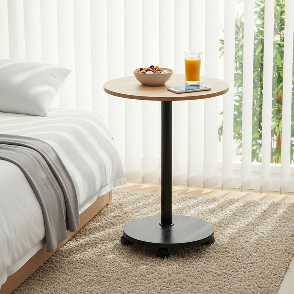 Living and Home Natural Wood Round Side Table with Lockable Castors Image 8