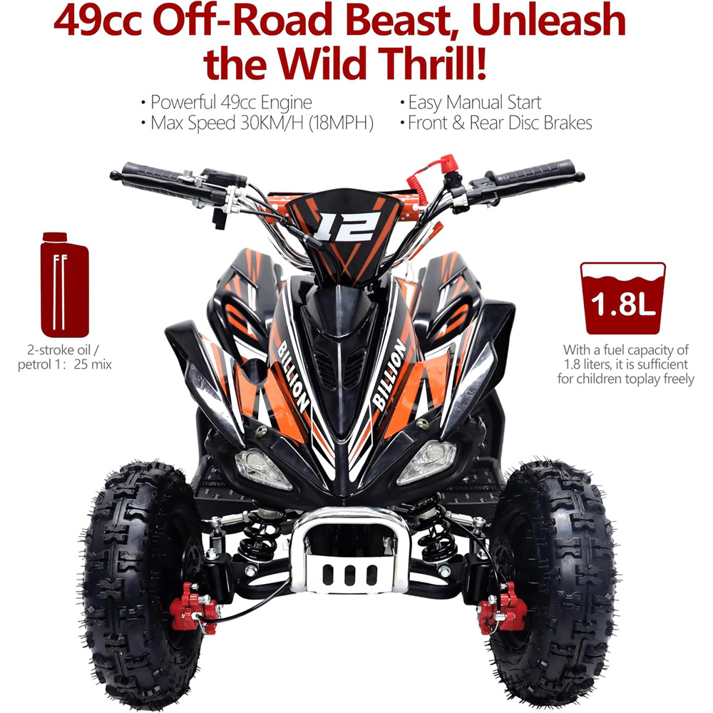 Alivio Kids Orange 49cc 2-Stroke Engine Mini Petrol Quad Bike with Disc Brake 1.8L Image 7