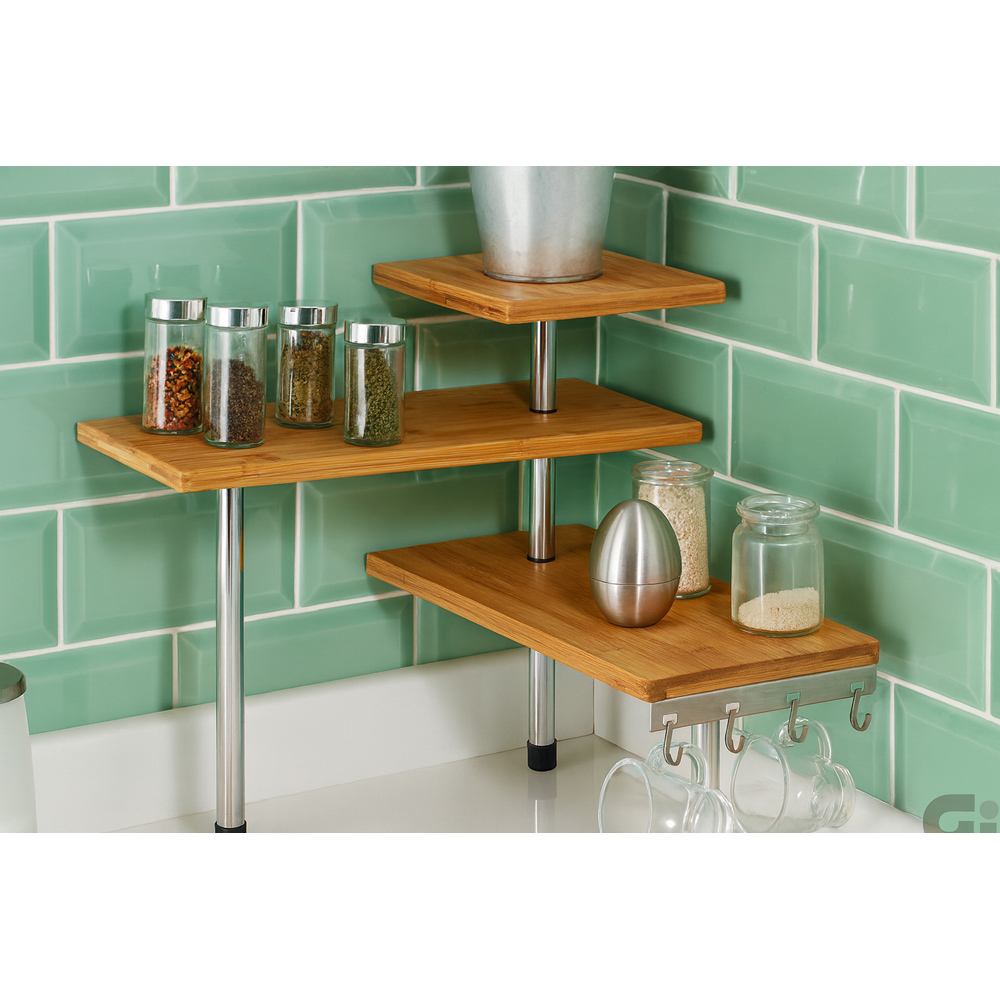 Avilo 3 Shelf Wooden Freestanding Corner Kitchen Etagere with 4 Hanging Hooks Image 3