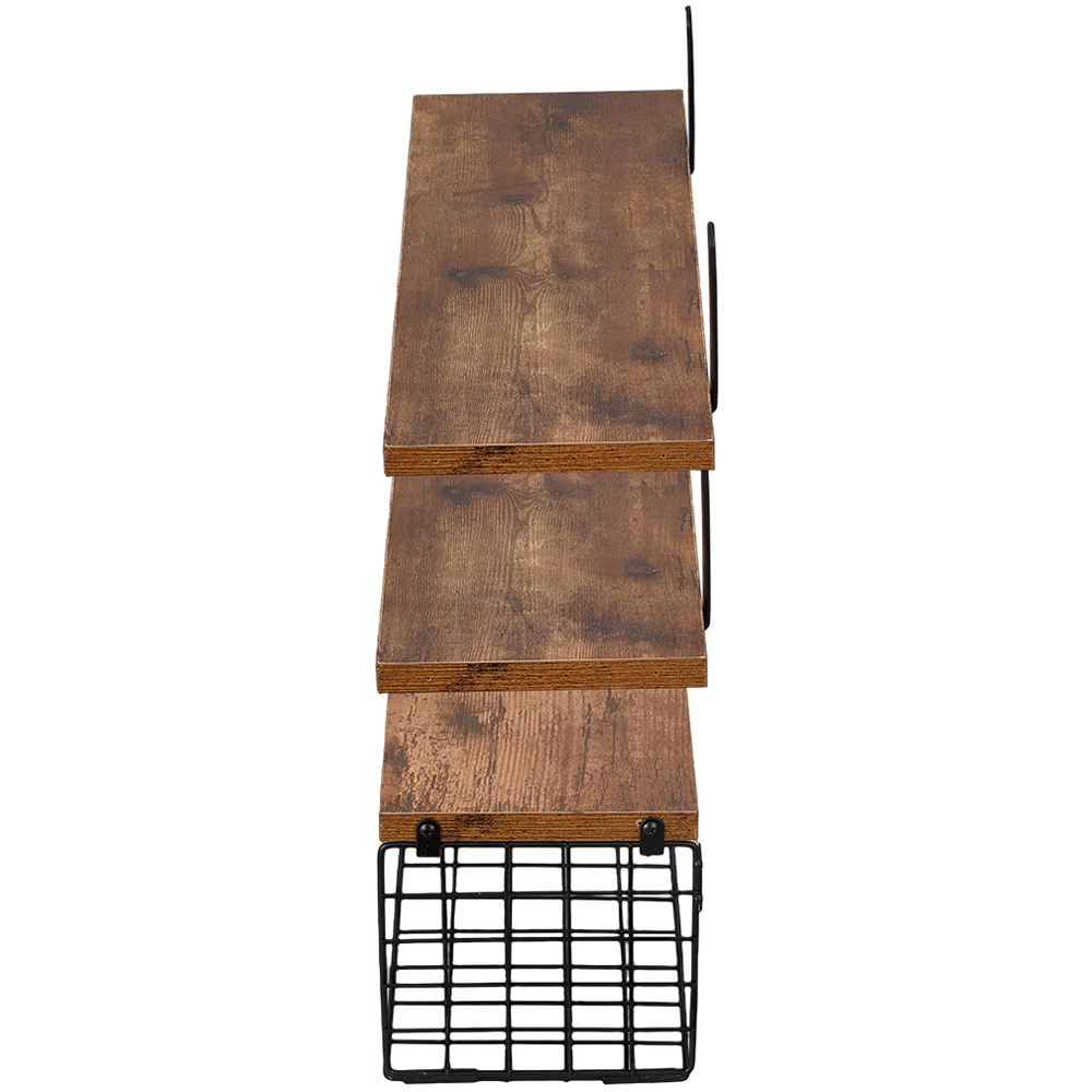 Living and Home 3 Shelf Wooden Wall-Mounted Floating Shelf with Wire Basket Image 7