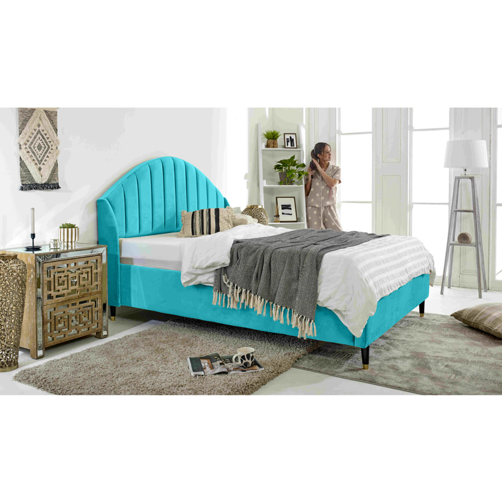Eleganza Elysium King Size Teal Plush Velvet Bed Frame with Curved Winged Headboard Image 5