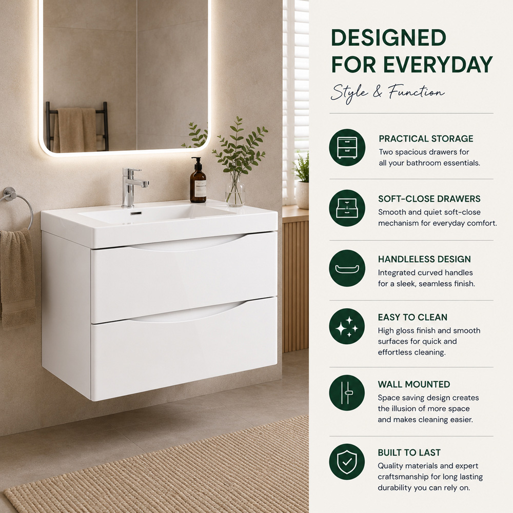 Go Bathrooms Erin 2 Drawer White Gloss Wall Hung Vanity Unit with Resin Basin 900mm Image 5