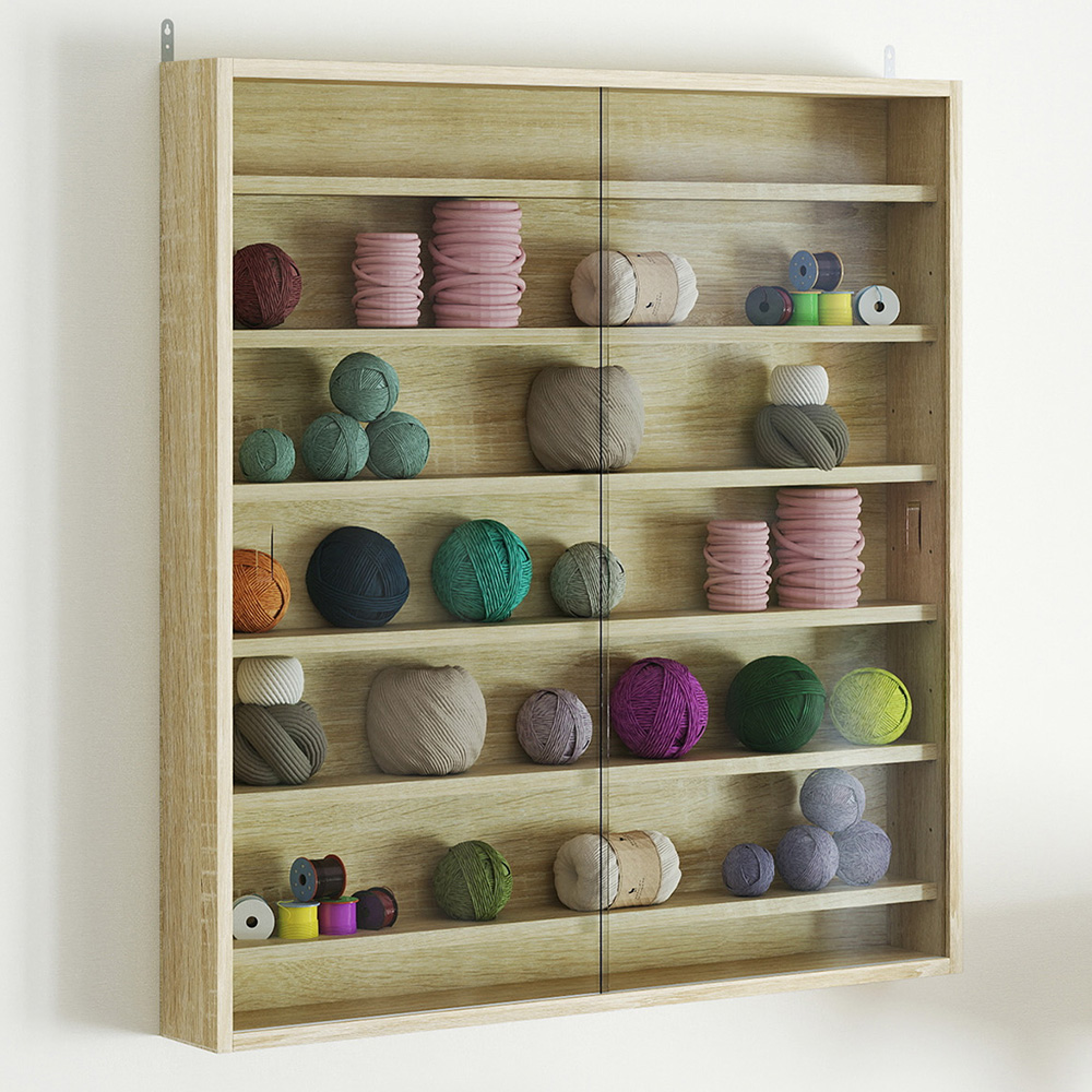 HOMCOM 7-Tier Glass Doors Oak Wall Display Cabinet Image 1