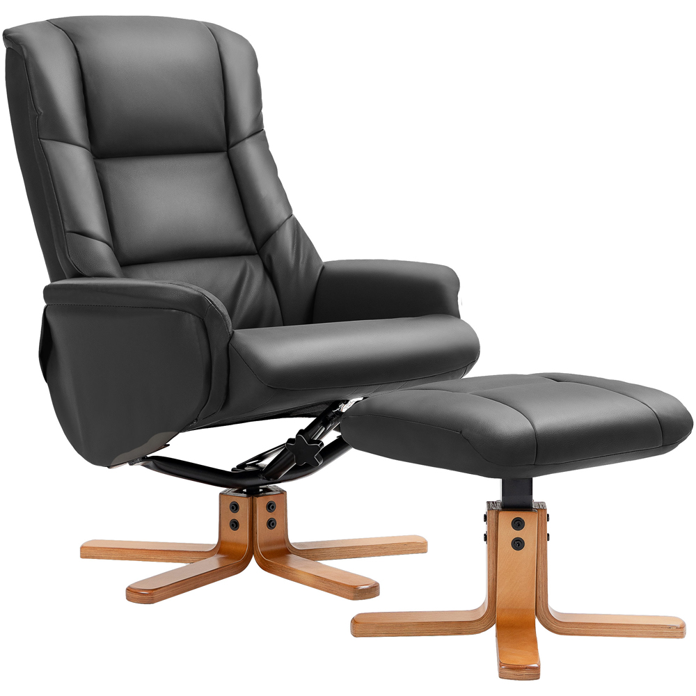 Portland Black PU Leather Wooden Base Recliner Armchair with Footstool Image 2