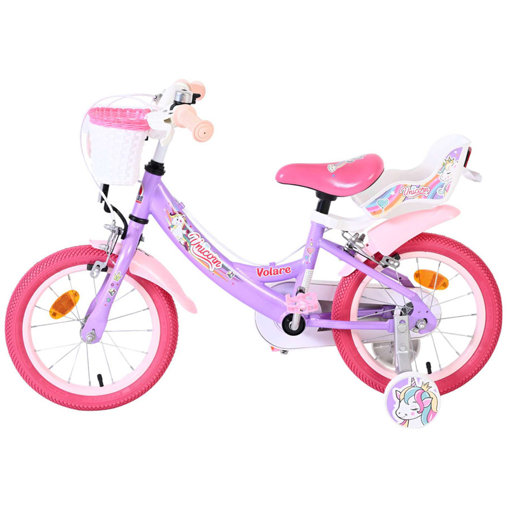 Volare Unicorn Kids 14 inch Purple and Pink Bike with Stabilisers Doll Seat and Basket Image 5
