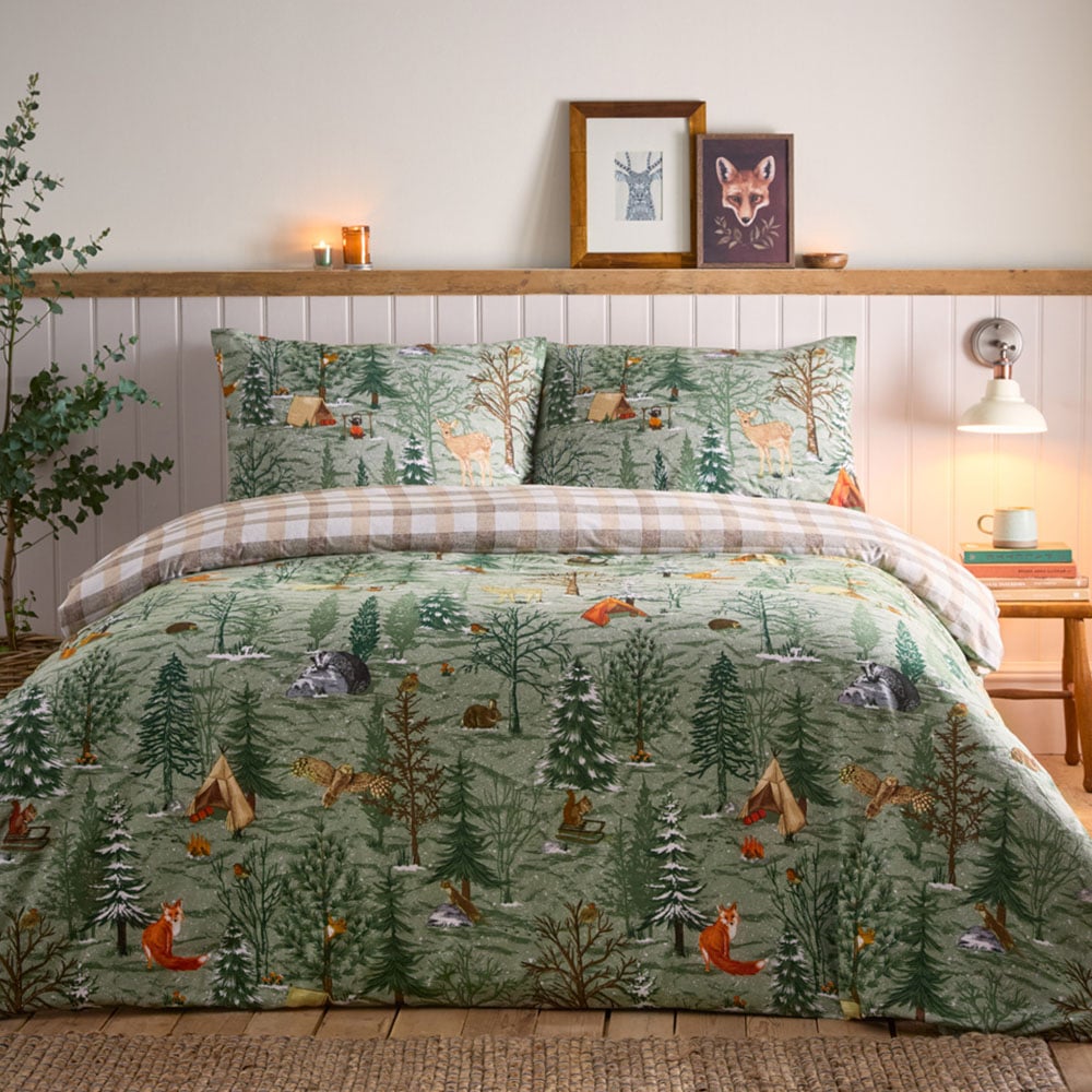furn. Lodge Wood Double Oak Green Cotton Duvet Set Image 1