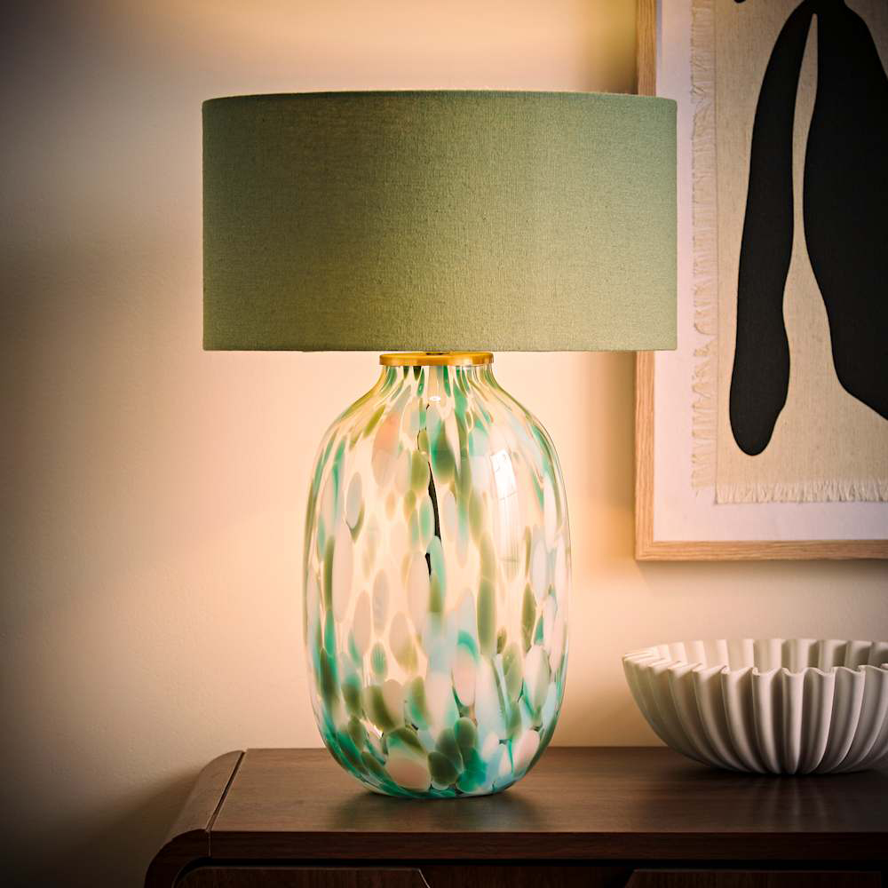 ValueLights Belinda Green Confetti Glass Table Lamp with Drum Shade and Bulb Image 2