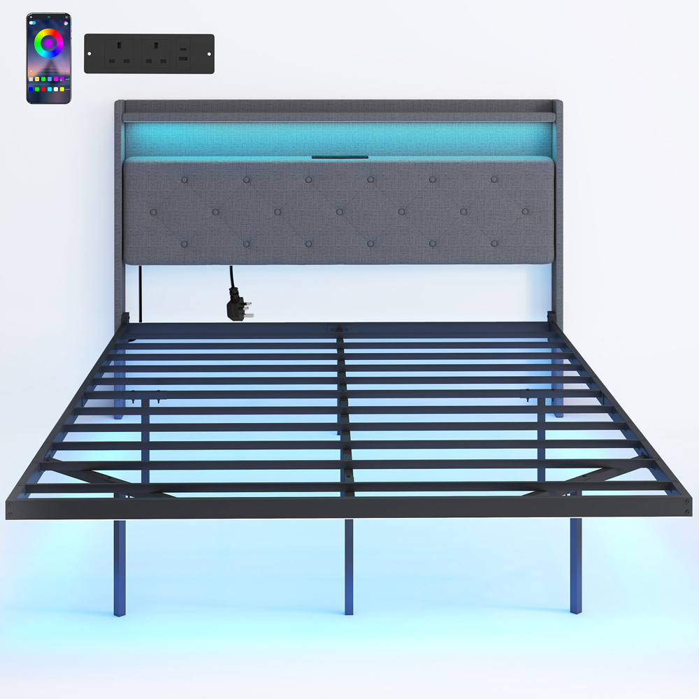 Portland Double Grey Upholstered Floating Bed Frame with RGB LED Lights Image 2