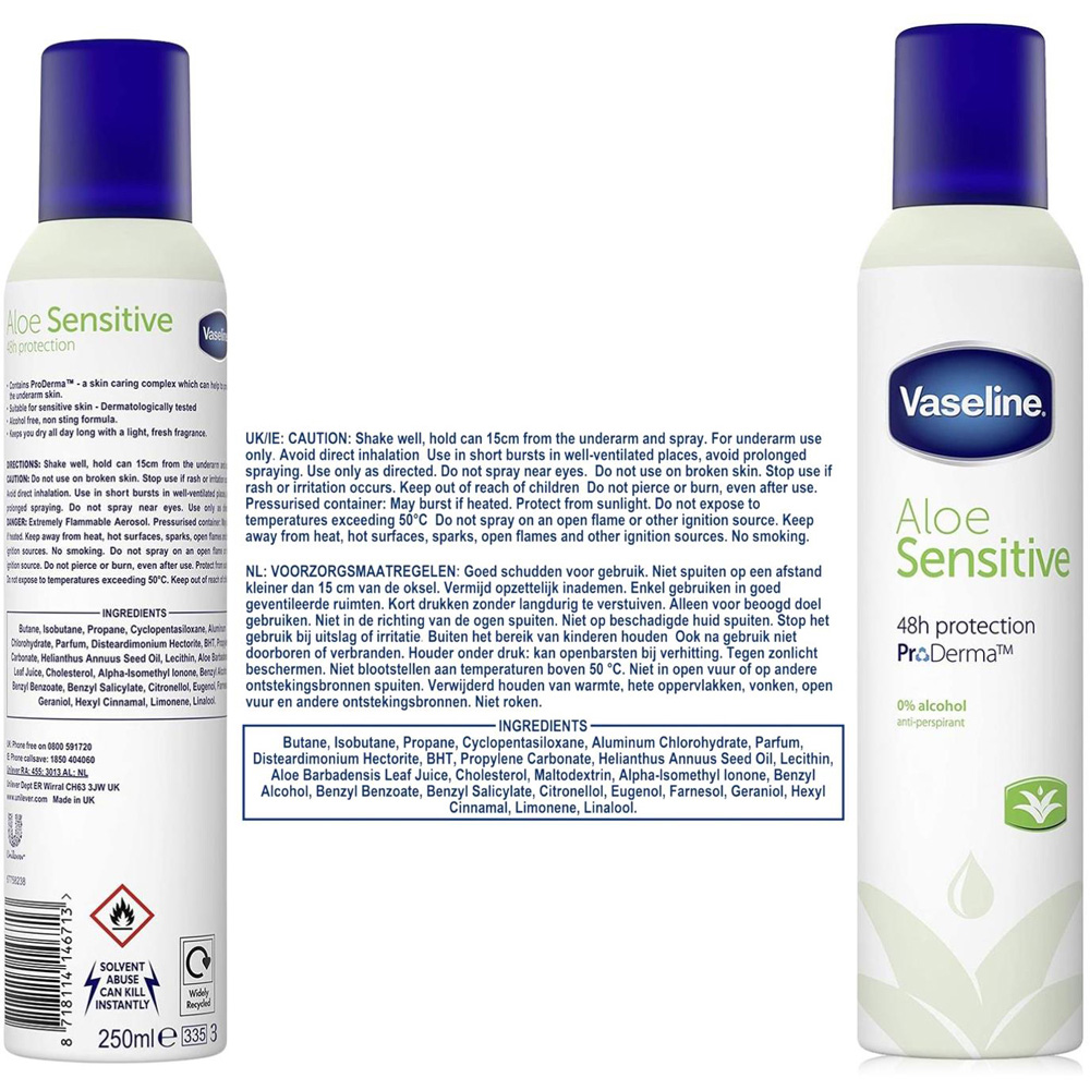 Vaseline Aloe Sensitive Women's Soothing Anti-Perspirant Women's Deodorant Spray 250ml 6 Pack Image 9