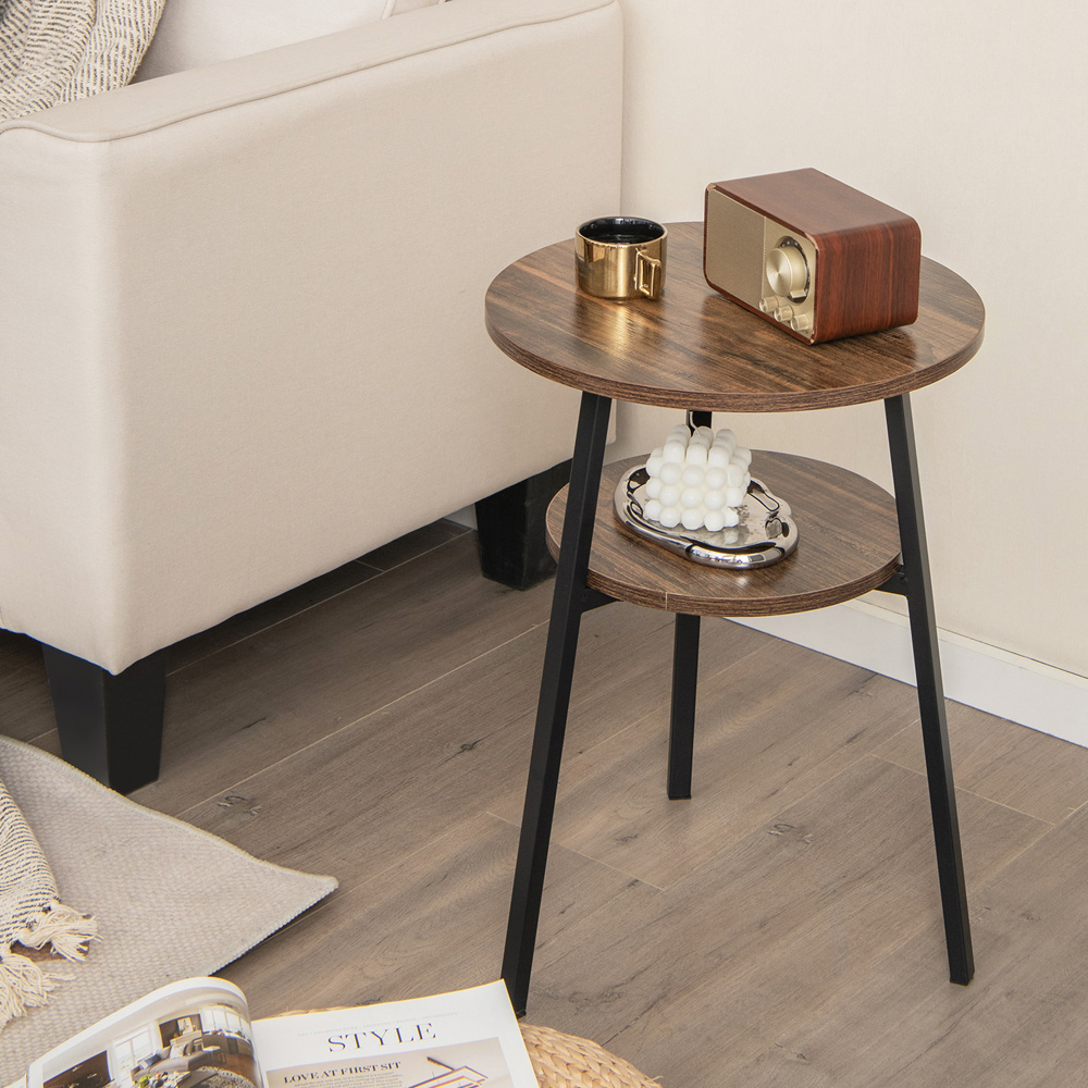 Costway 2 Shelf Brown Round Wooden Side Table Image 3