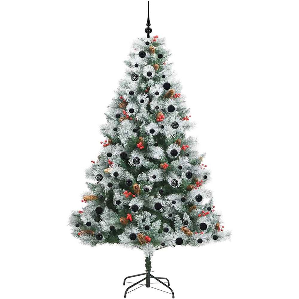 vidaXL Pre-Lit Black Baubles Green Artificial Snow Flocked Christmas Tree 7ft Image 4